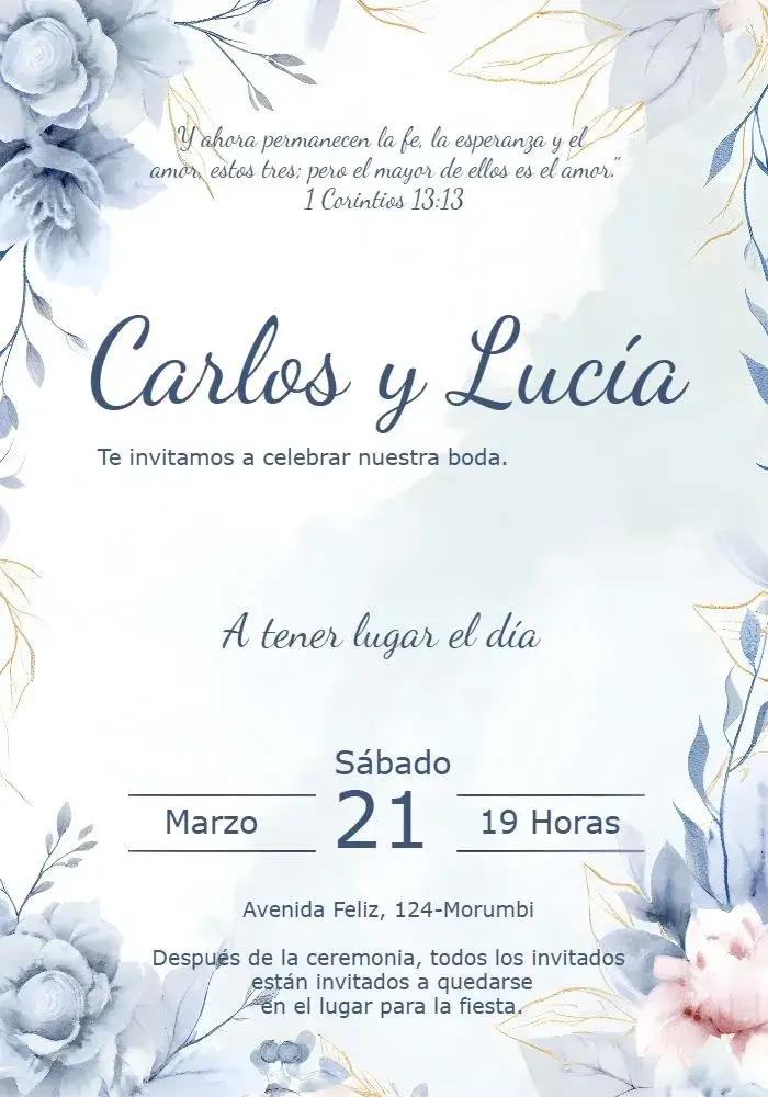 Invitación Boda Floral Azul editable y personalizable