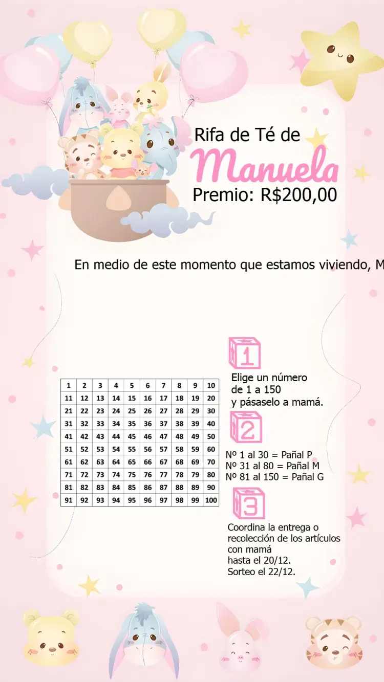 Invitación Té Rifa Osito Pooh Lindo Globo
