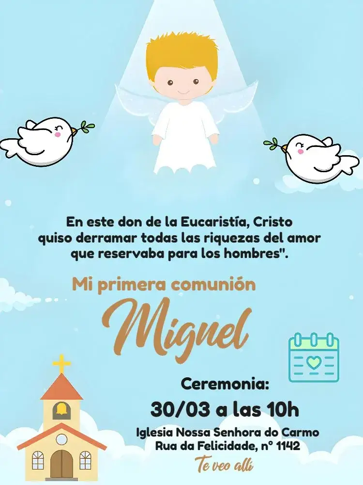 Invitación Primera Comunión Azul – tema Primera Comunión azul, angelitos, palomas, católico, infantil, delicado