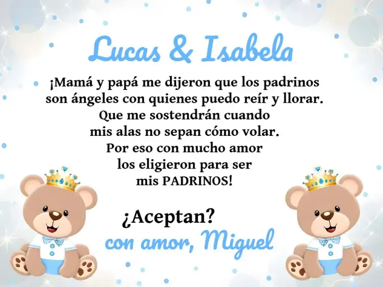 Invitación Padrinos De Bautismo Osito Príncipe Iglesia – tema Bautismo azul, blanco, oso, infantil, religioso, príncipe