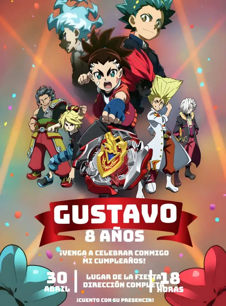 Invitación Beyblade Burst – tema Cumpleaños Infantil vibrante, temático, moderno, juegos, aventura, fantasía