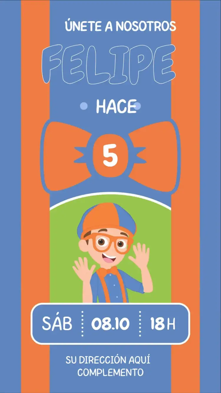 Invitación Blippi – tema Cumpleaños Infantil colorido, divertido, temático, infantil, animado