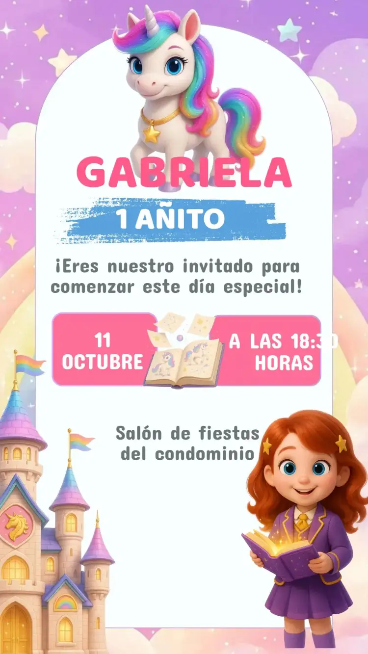 Invitación Invitación Cumpleaños Academia Unicornio – tema Cumpleaños Infantil colores pasteles, estilo lúdico, elementos de fantasía, brillo y purpurina, ilustraciones tiernas