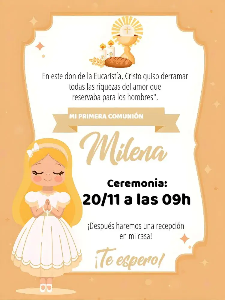 Invitación Primera Comunión Niña Rubia Católica editable y personalizable
