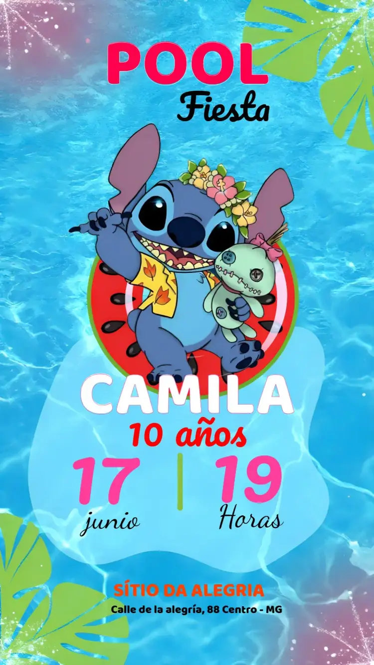 Invitación Pool Party del Stitch Infantil