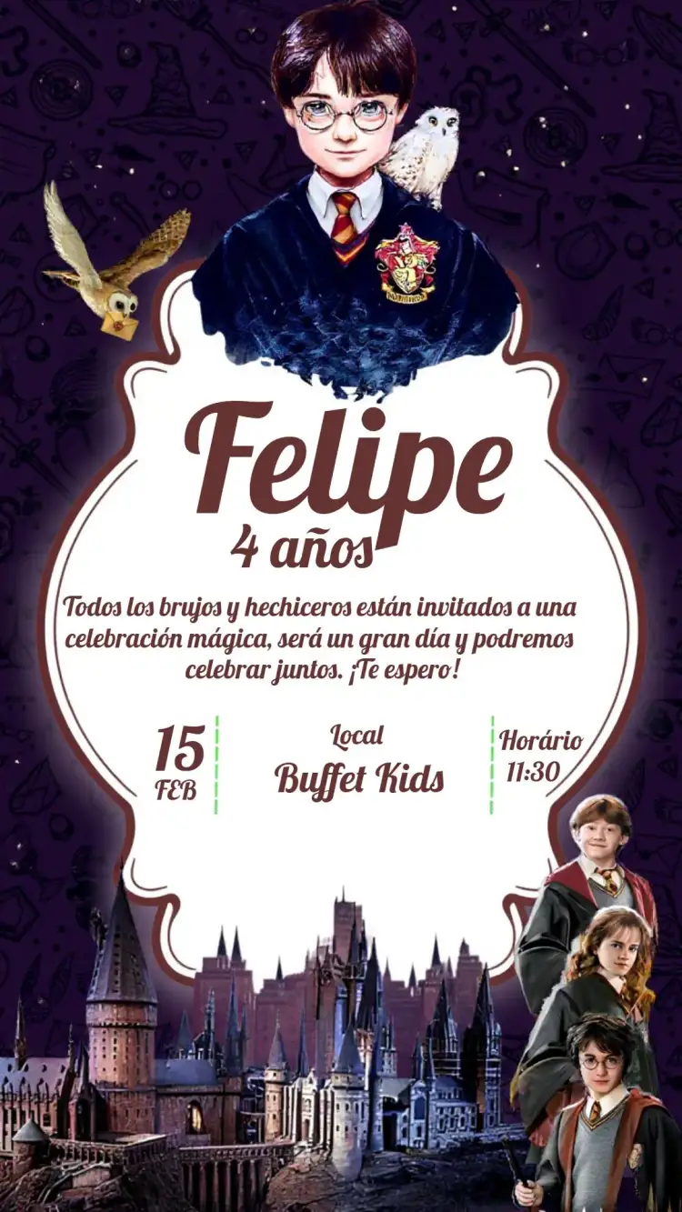 Invitación Harry Potter Película – tema Cumpleaños Infantil mágico, hechicero, fantasía, oscuro, colorido, aventura
