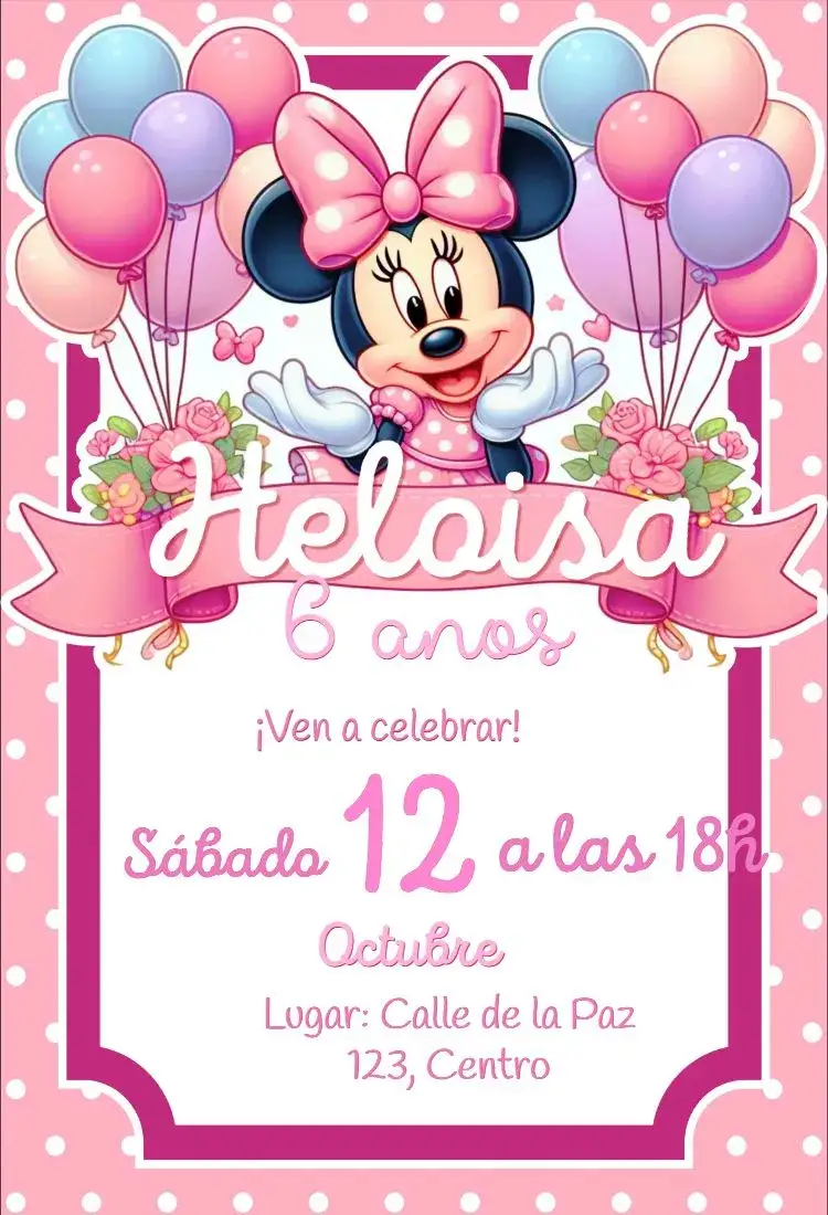 Invitación Minnie rosa – tema Cumpleaños Infantil rosa, Disney, divertido, infantil, lúdico, colorido