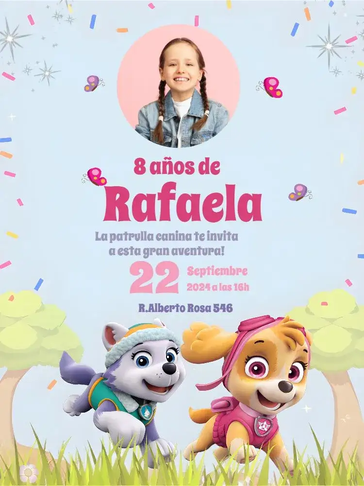 Invitación Patrulla Canina Rosa Íris – tema Cumpleaños Infantil rosa, arcoíris, divertido, lúdico, infantil, colorido