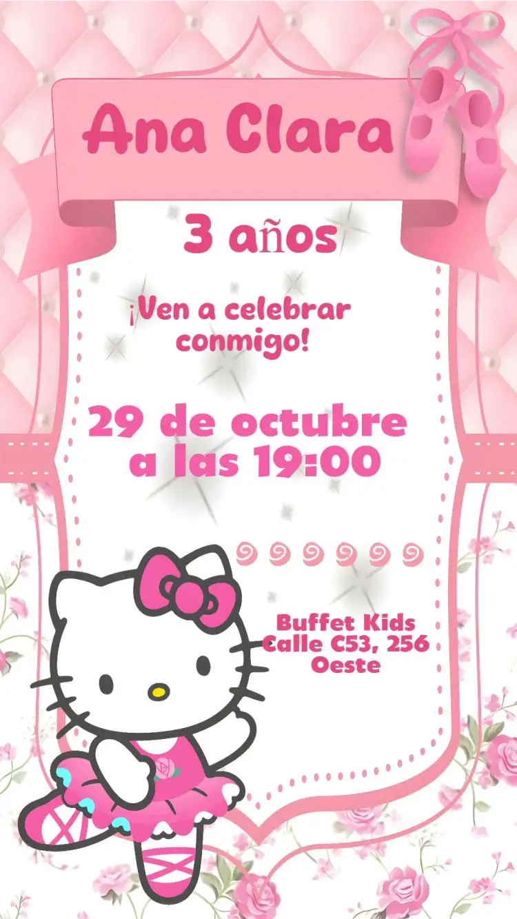 Invitación Hola Kitty – tema Cumpleaños Infantil colores pasteles, divertido, ilustraciones infantiles, estilo kawaii, brillo y purpurina, bailarina