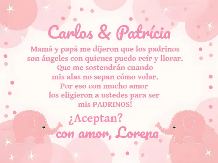 Invitación Padrinos De Bautismo Elefantita Elefante – tema Bautismo lindo, colorido, infantil, animales, religioso, celebración