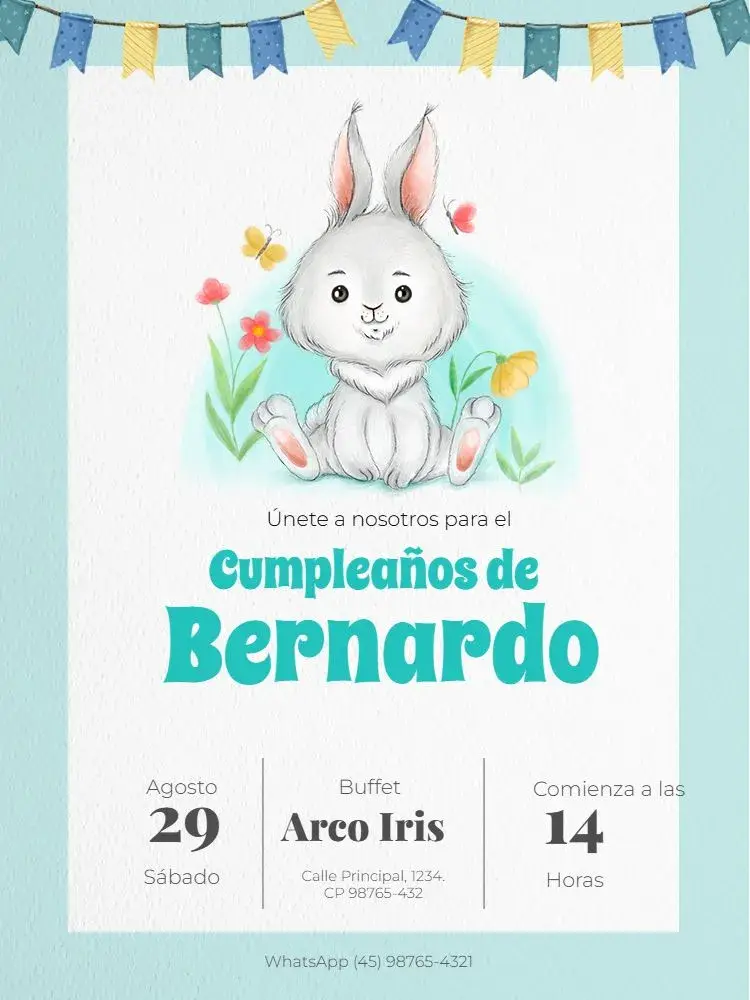 Invitación Infantil Masculino Conejito Acuarela Encuentro