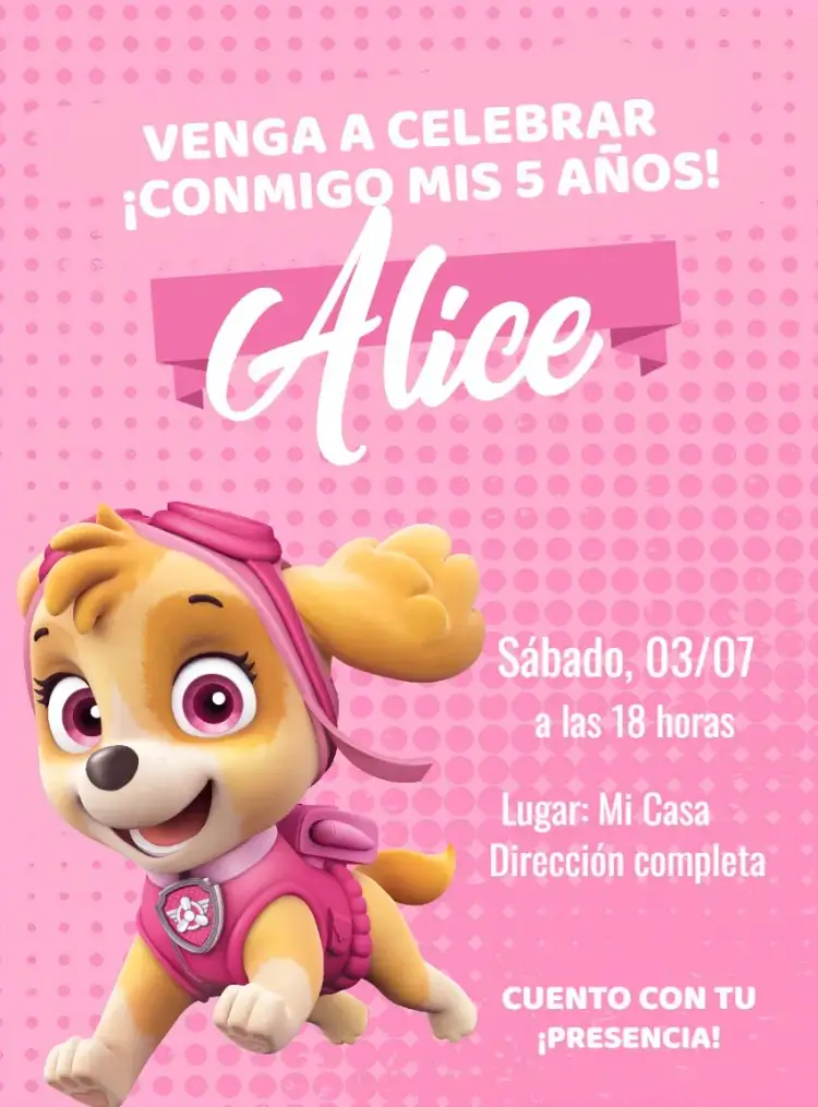 Invitación Patrulla Canina Skye Fiesta – tema Cumpleaños Infantil rosa, blanco, verde, divertido, infantil, temático