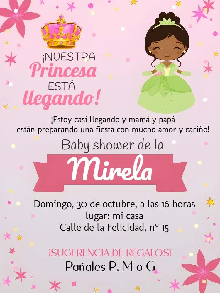 Invitación Baby Shower Princesa Tiana Negro – tema Baby Shower princesa, infantil, floral