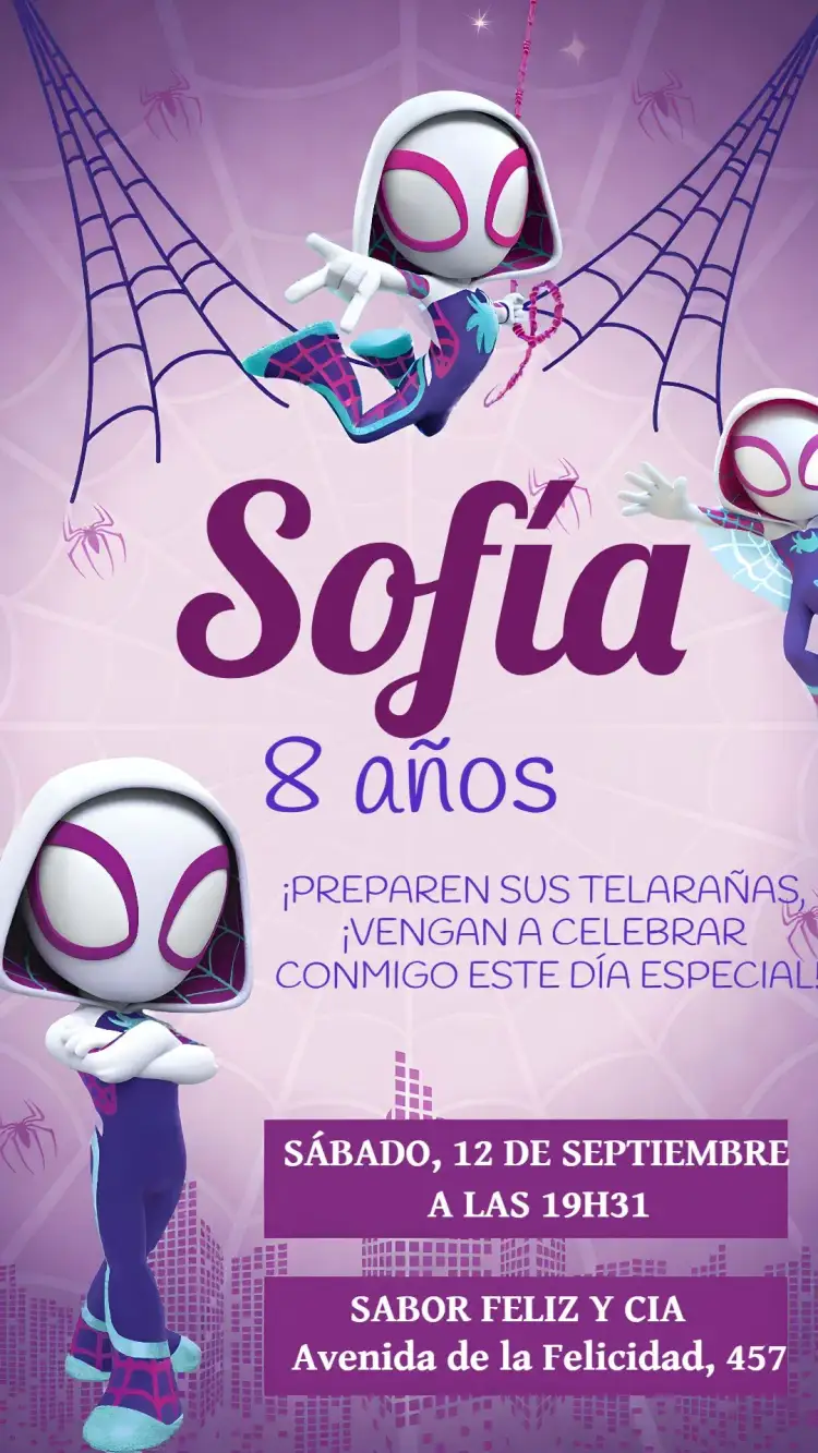 Invitación Gwen Spidey Friends Espectaculares – tema Más buscados superhéroes, colorido, divertido, aventura, moderno