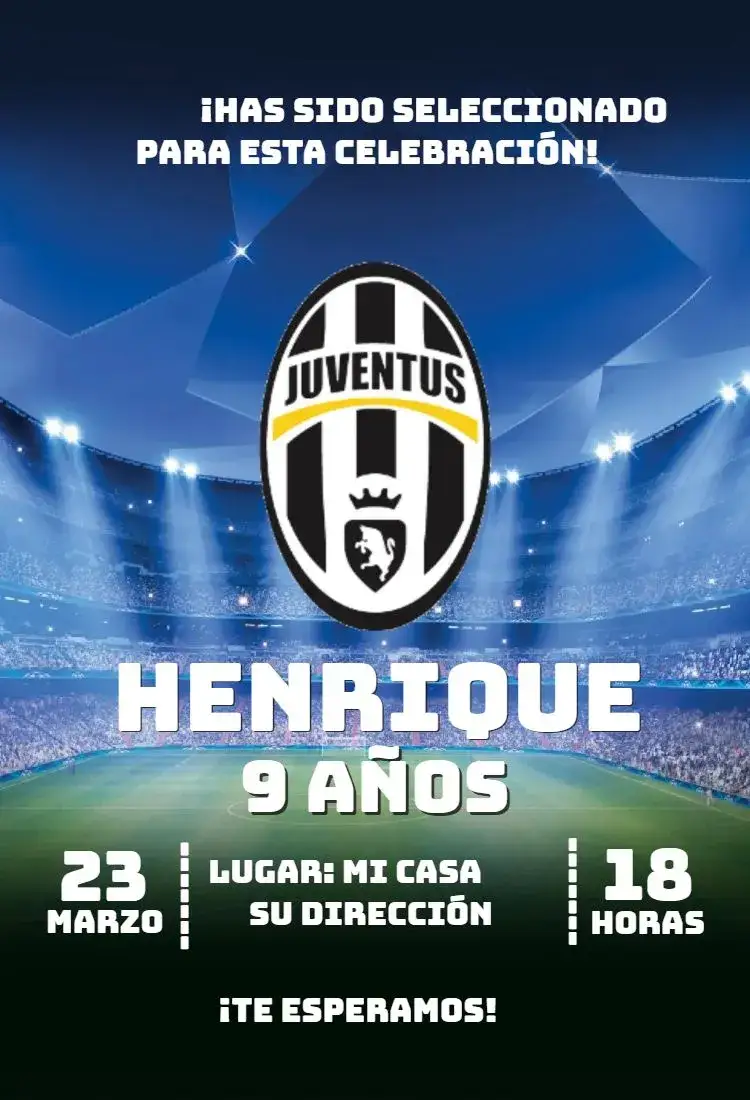 Invitación Juventus 4 – tema Cumpleaños fútbol, moderno, vibrante, deportivo, colorido, divertido