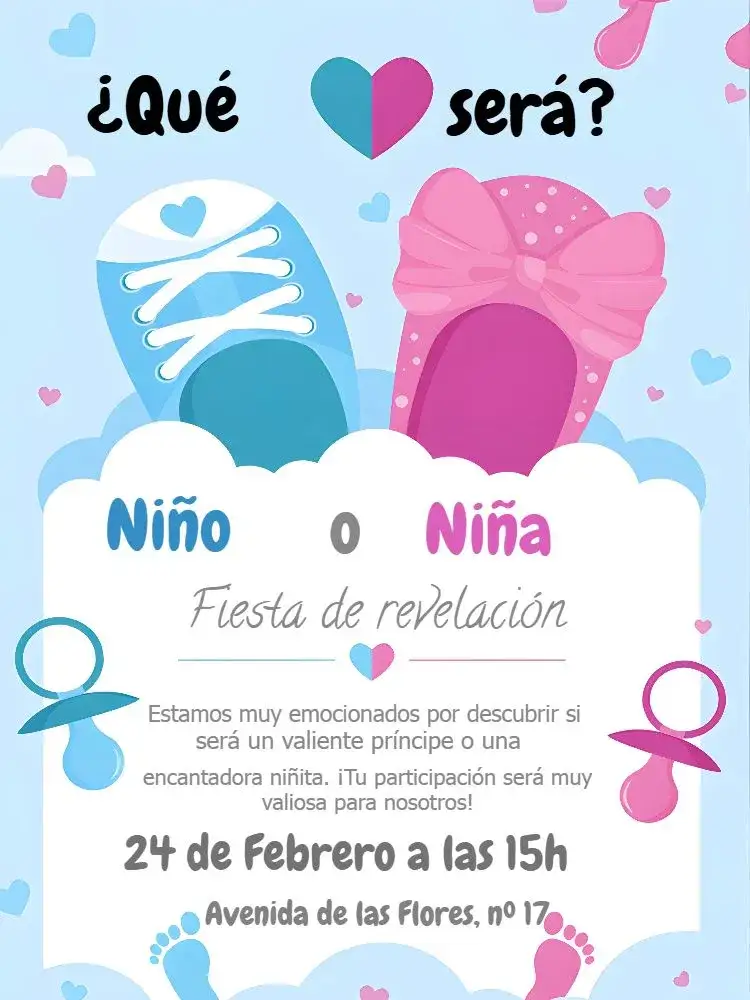Invitación Chá de Revelación Rosa Azul Niño – tema Revelación Bebé moderno, divertido, colorido, minimalista, celebrativo, lúdico