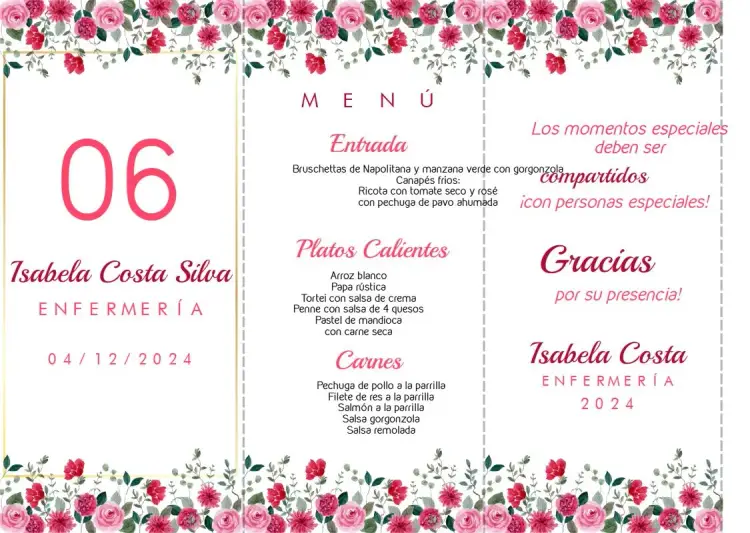 Invitación Menú Triángulo Graduación Floral Tótem editable y personalizable