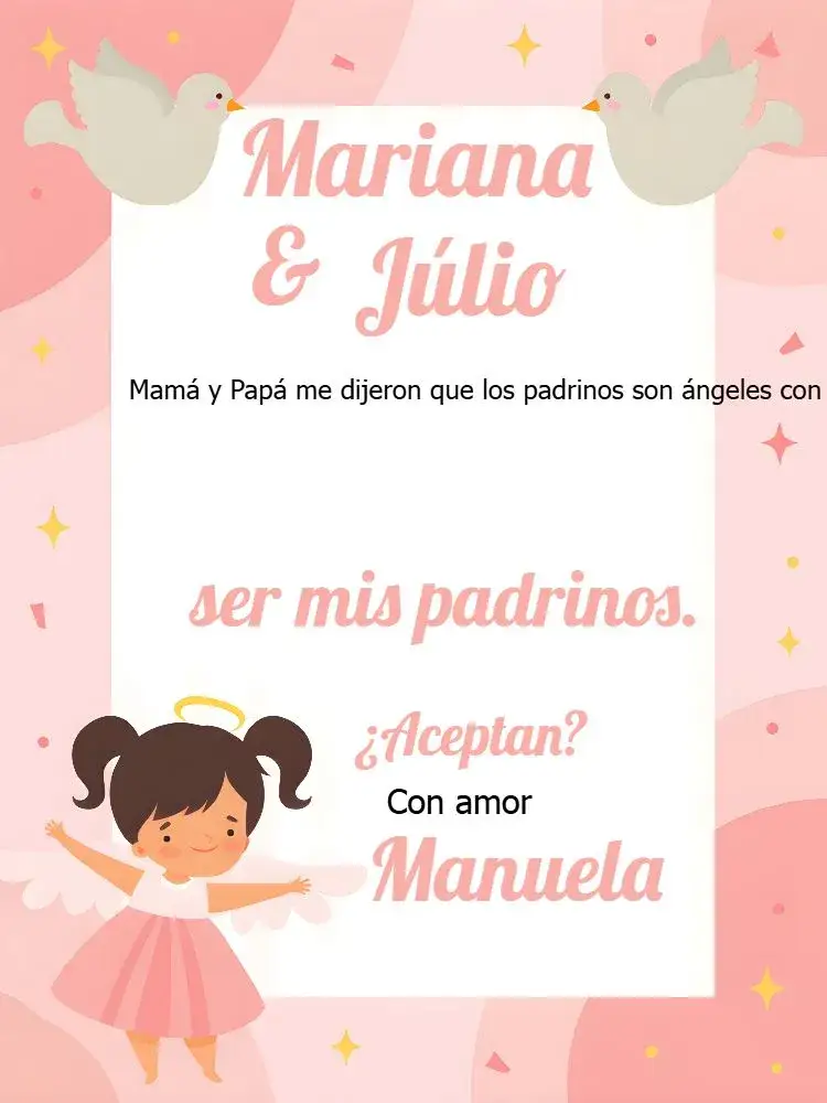 Invitación Padrinos De Bautismo Bautizado – tema Bautismo rosa y blanco, angelitos, religioso, delicado, moderno, infantil