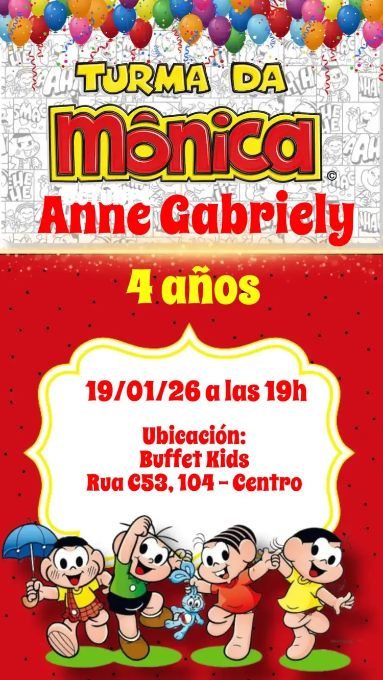 Invitación Turma da Mónica – tema Cumpleaños Infantil colorido, divertido, infantil, cómics, ilustraciones, personajes