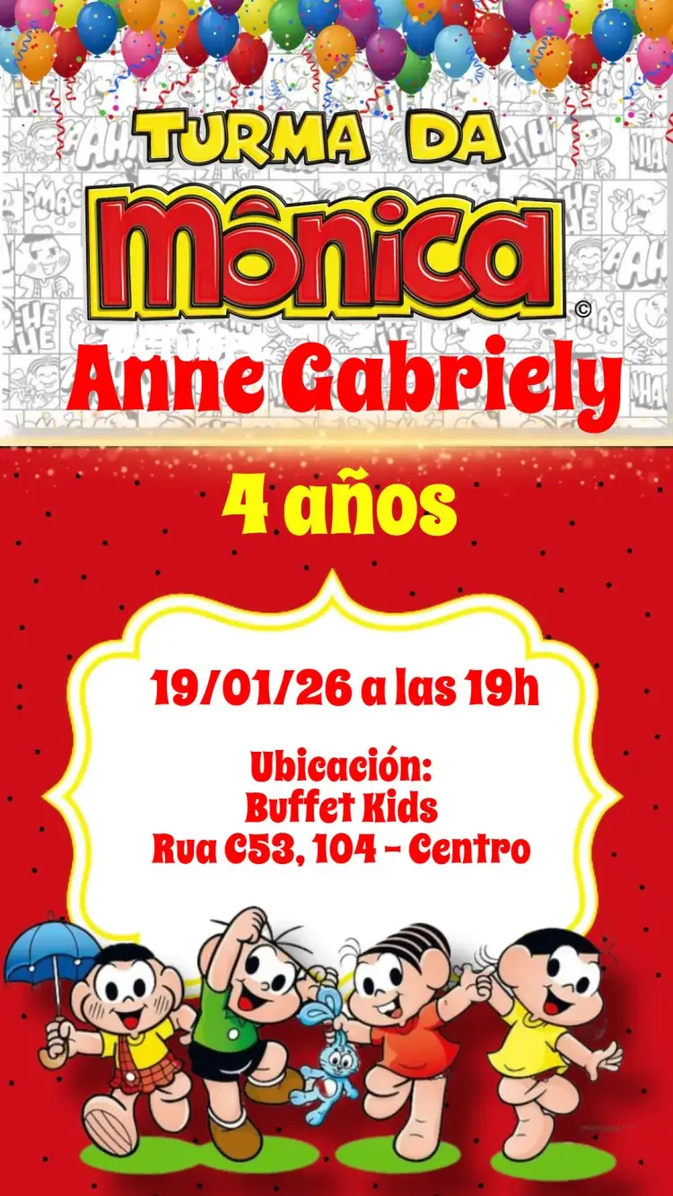 Invitación Turma da Mónica editable y personalizable