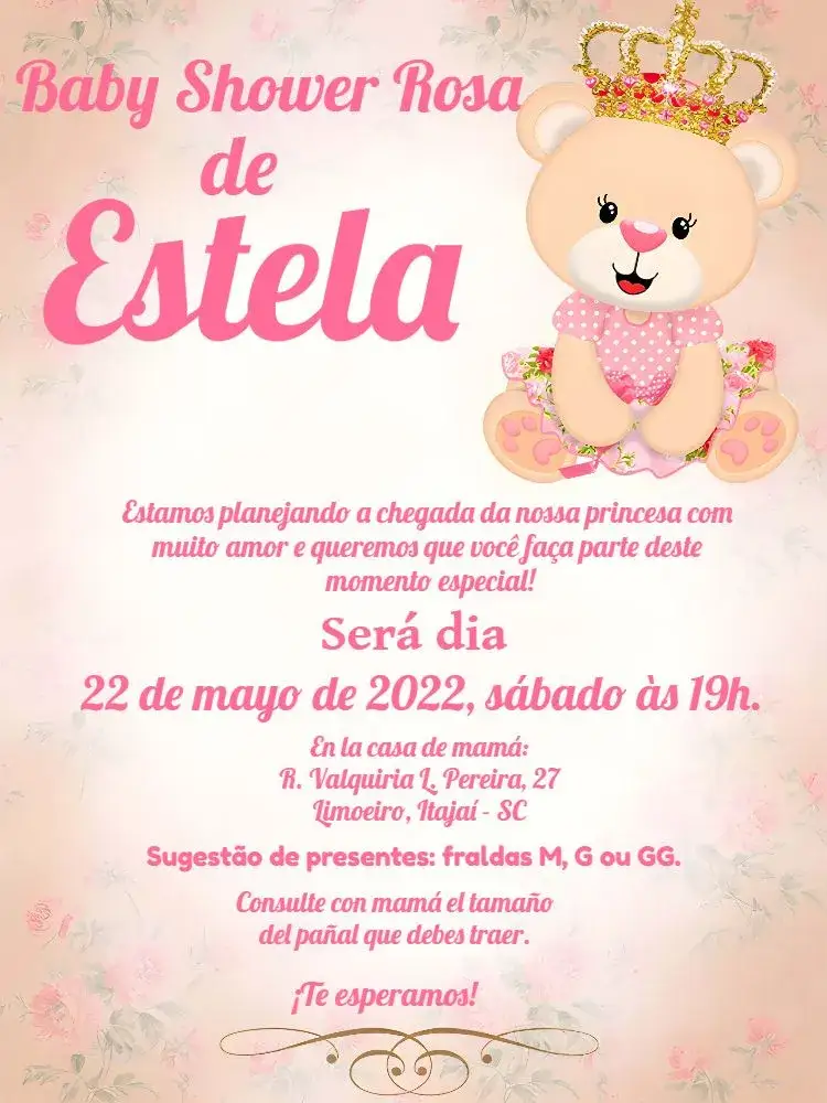 Invitación Baby Shower Princesa Osita – tema Baby Shower rosa y blanco, realeza, floral, tierno, delicado, moderno