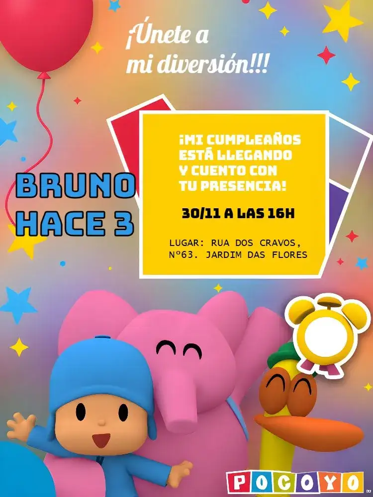Invitación Pocoyo Amarillo – tema Cumpleaños colorido, infantil, divertido, temático, brincalhón, animado