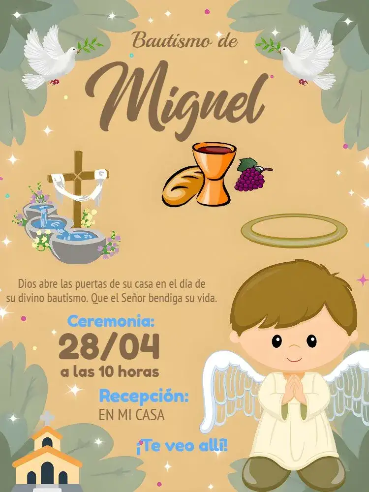 Invitación Bautizo Niño Bautizado – tema Primera Comunión angelical, pastel, minimalista, moderno, dourado
