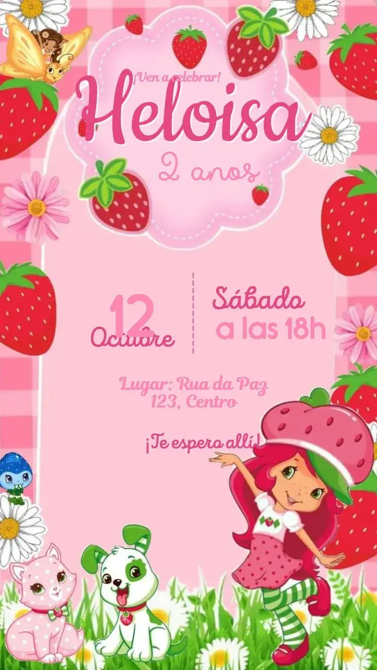 Invitación Fresa – tema Cumpleaños Infantil rosa, frutas, temática de bichinhos, ambiente divertido, decoração infantil, diseño colorido