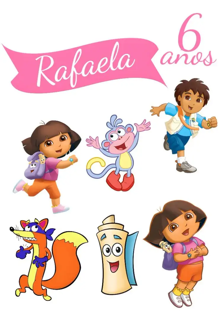 Invitación Topper de Pastel de Dora la Exploradora – tema Topper de torta rosa, infantil, aventura, colorido, lúdico, divertido