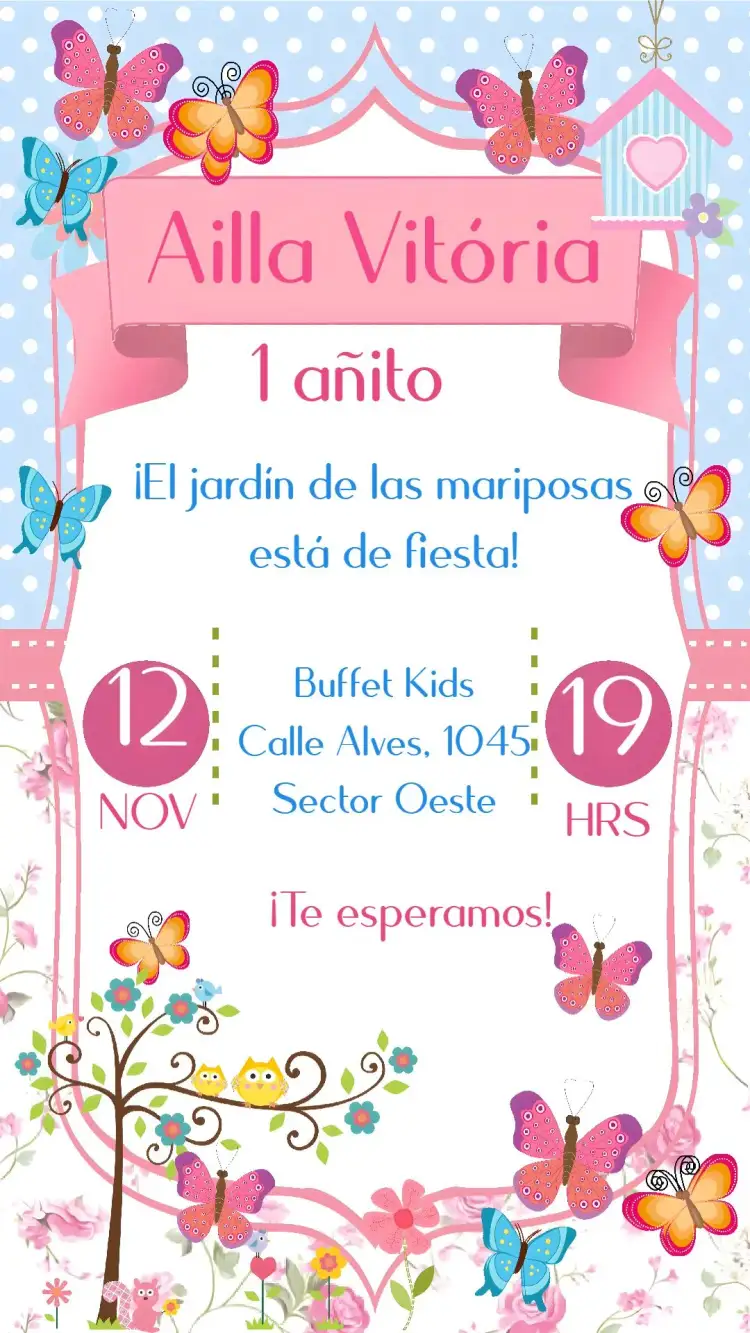 Invitación Jardín de las Mariposas – tema Cumpleaños Infantil jardín colorido, mariposas, elementos naturales, diversión, alegría infantil, estilo lúdico