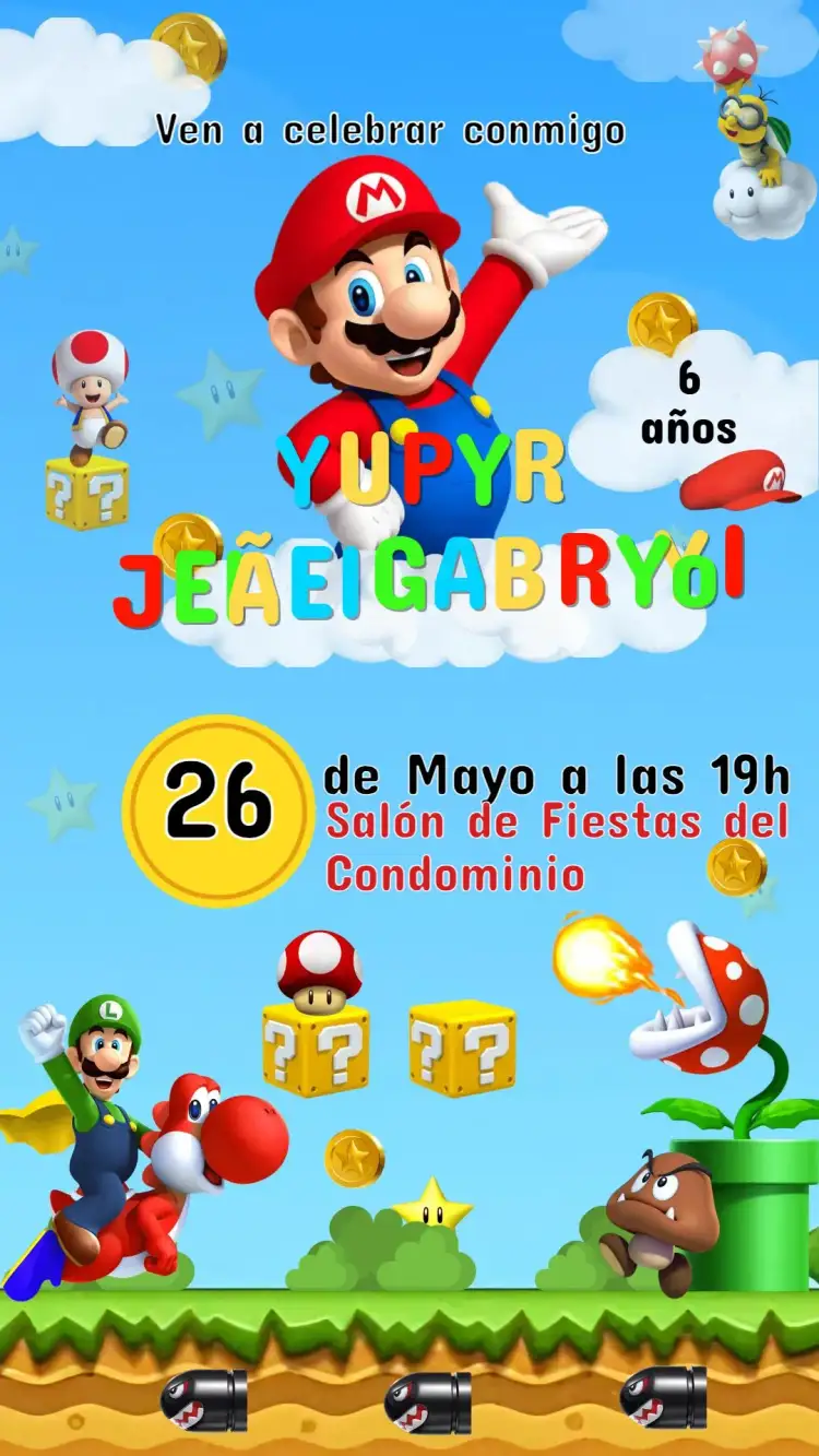 Invitación Invitación Cumpleaños Infantil Super Mario – tema Cumpleaños Infantil colorido, lúdico, juegos, aventura, vintage, divertido