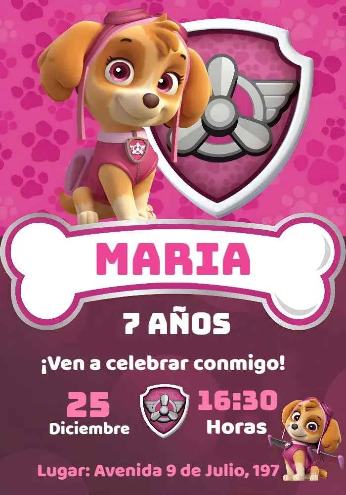 Invitación Skye Patrulla Canina Cachorro – tema Cumpleaños Infantil rosa, divertido, infantil, colorido, temático