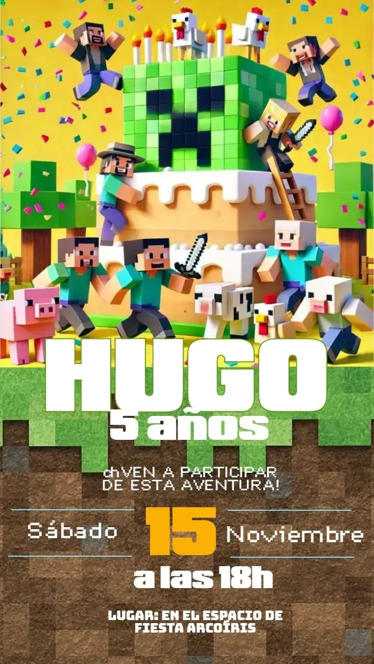 Invitación Minecraft – tema Cumpleaños Infantil colorido, temático, lúdico, moderno, divertido