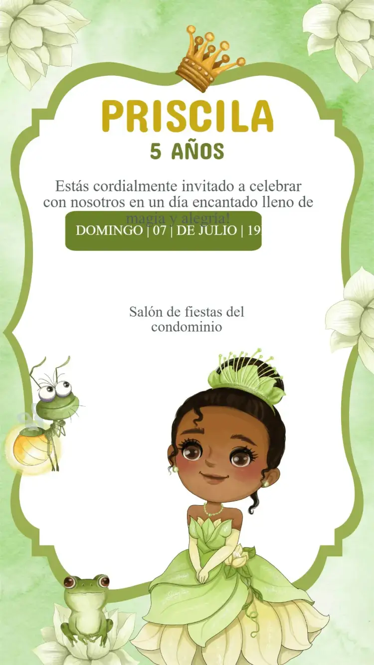 Invitación Invitación Cumpleaños Princesa Tiana y el sapo – tema Cumpleaños Infantil colorido, fantasía, cuento de hadas, ilustraciones infantiles, vibrante, divertido