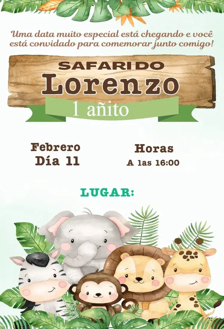 Invitación safari – tema Tarjeta colores vibrantes, estilo tropical, elementos de selva, ilustraciones de animales, diseño divertido