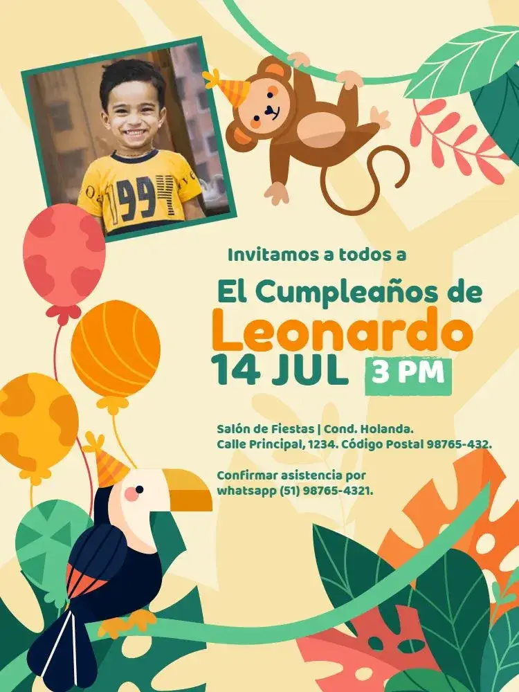 Invitación Tropical Infantil Niño – tema Cumpleaños Infantil tropical, colorido, divertido, lúdico, animal, moderno