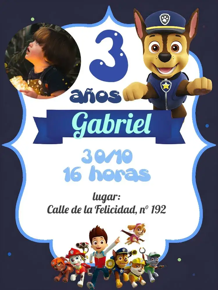 Invitación Patrulla Canina Con Foto Banda – tema Cumpleaños Infantil azul, blanco, lila, divertido, temático