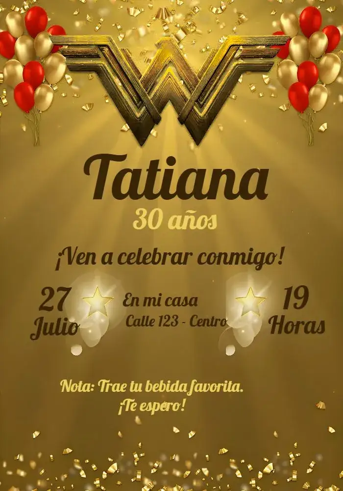 Invitación Globos de la Mujer Maravilla – tema Cumpleaños glamuroso, moderno, vibrante, lujo, fiesta temática