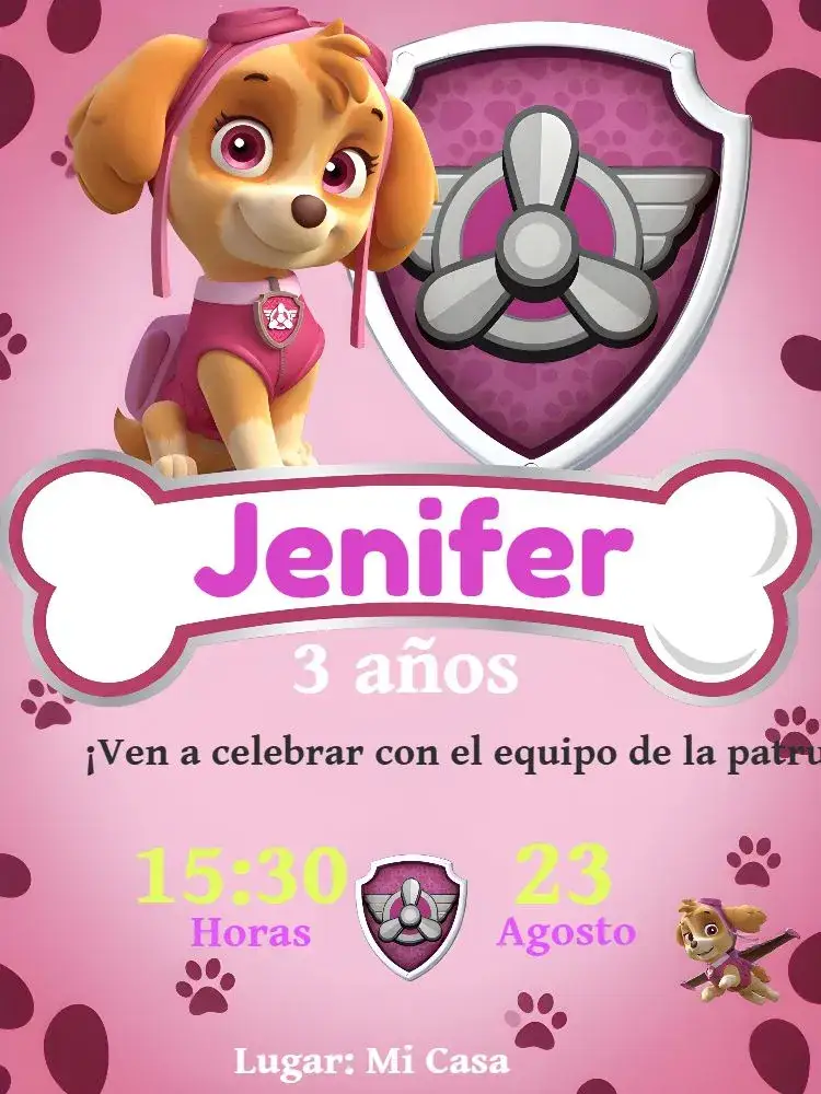 Invitación Skye Patrulla Canina Fondo – tema Cumpleaños Infantil rosa, moderno, divertido, temático, infantil