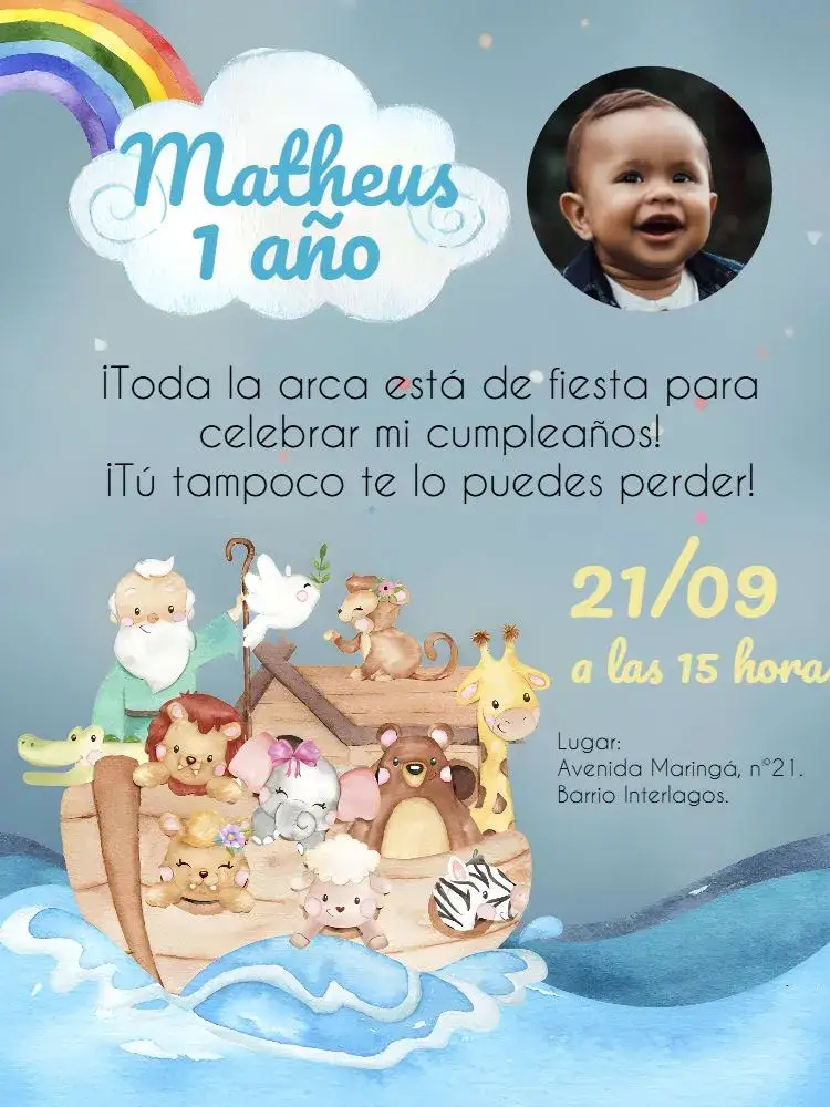 Invitación Arca De Noé Con Foto Animales – tema Más buscados acuarela, animales, temática religiosa, azul y blanco, diseño divertido, elementos gráficos infantiles
