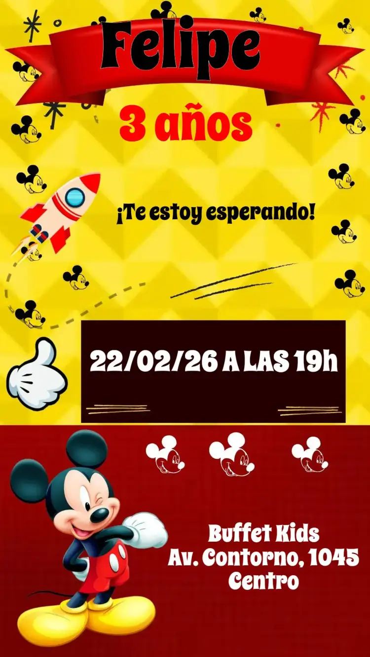 Invitación Mickey Mouse – tema Cumpleaños Infantil colorido, divertido, infantil, temático, animado, Disney