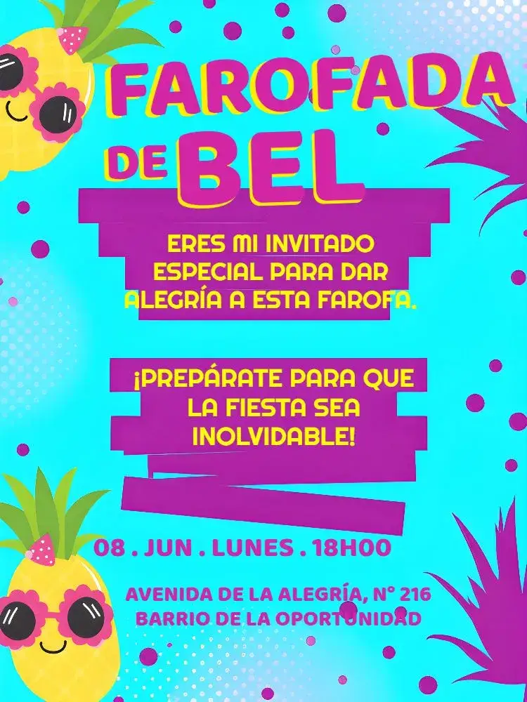 Invitación Farofa De Gkay Azul – tema Despedida de Soltera tropical, moderno, colorido, divertido, piña, azul