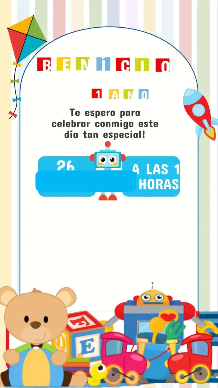 Invitación Invitación Cumpleaños Juguetes – tema Cumpleaños Infantil colorido, juguetón, divertido, ilustraciones de juguetes, estilo infantil, animado