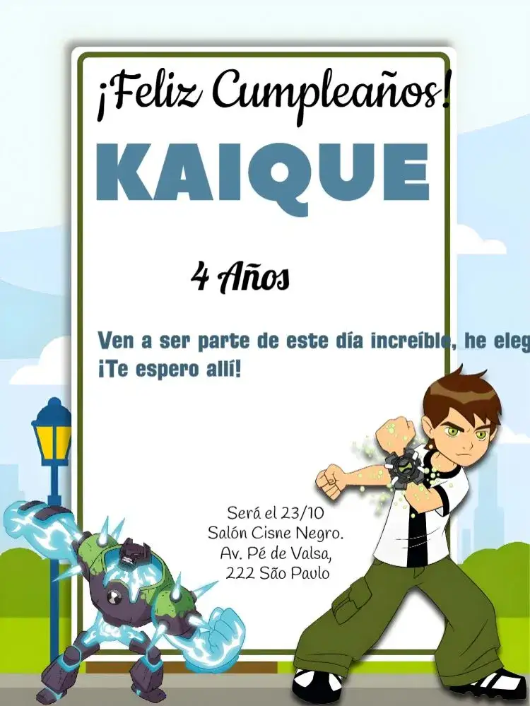 Invitación Ben 10 Azul – tema Cumpleaños Infantil azul vibrante, verde divertido, estilo cartoon, monstruos coloridos, fiesta temática, infantil