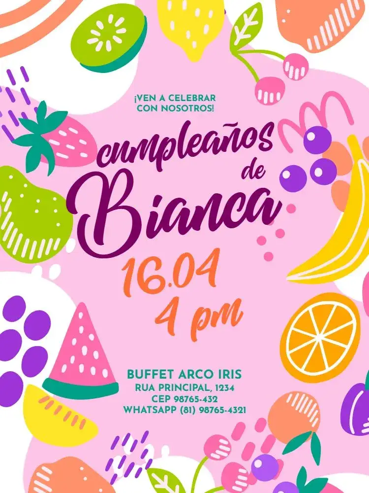 Invitación Infantil Fruta Rosa Claro – tema Cumpleaños Infantil colorido, frutal, moderno, lúdico, brincalhão, alegre