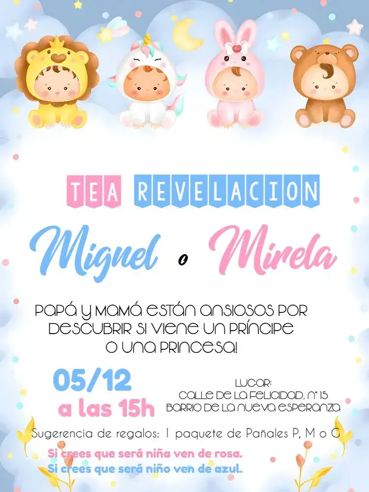 Invitación Baby Shower Safari Unicornio – tema Revelación Bebé safari, unicornio, colores pastel, ilustraciones lúdicas, estilo moderno, elementos gráficos divertidos