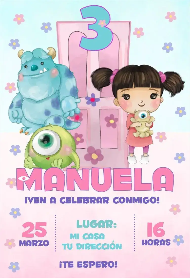 Invitación Monstruos SA niña acuarela – tema Cumpleaños Infantil acuarela, lila, rosa, divertido, infantil, lúdico