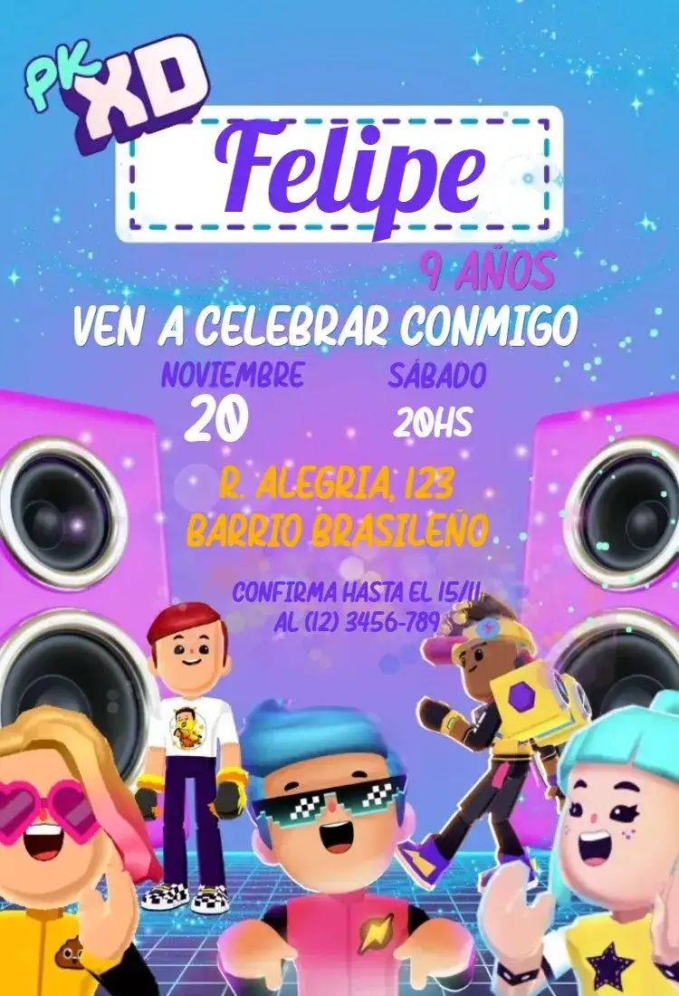 Invitación PK XD – tema Cumpleaños Infantil videojuegos, avatares