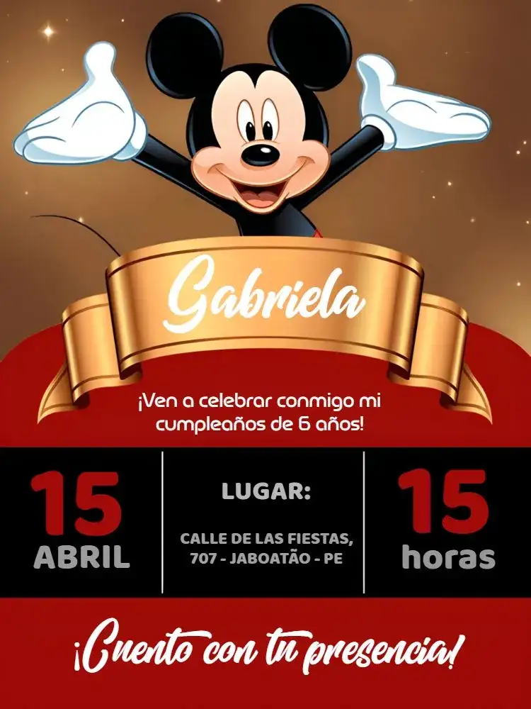 Invitación Mickey Mouse – tema Más buscados colorido, divertido, infantil, temática Disney, ilustraciones animadas, vibrante