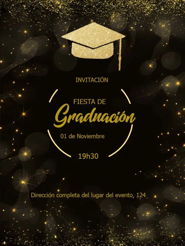 Invitación Graduación Quepe – tema Graduación dorado, negro, purpurina, elegante, moderno, sofisticado